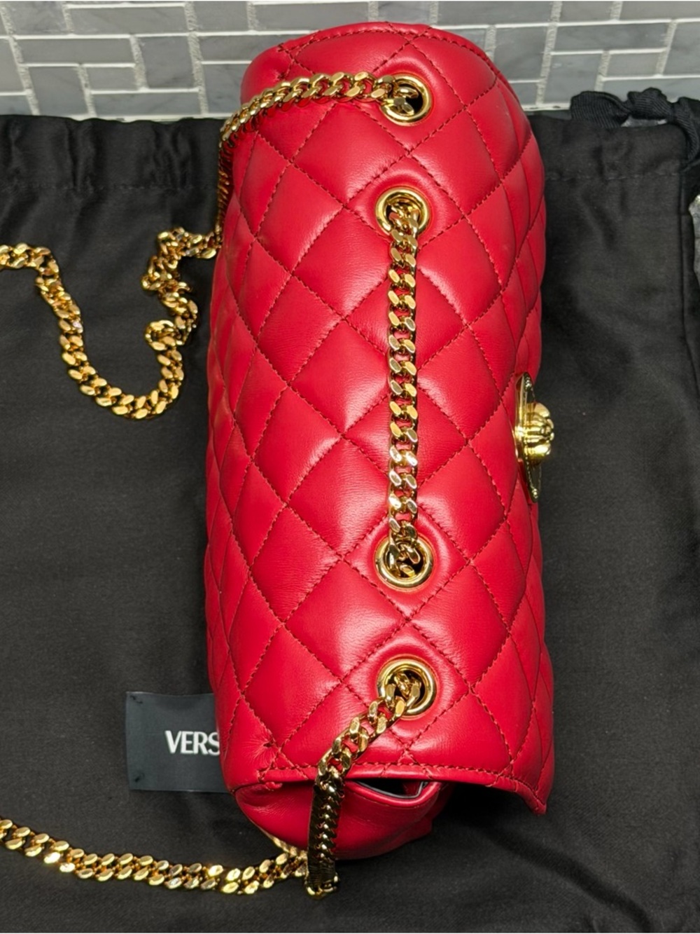 Versace Quilted Lamb Leather Medusa Shoulder Bag Dark Red Gold Chain New - Picture 5 of 11